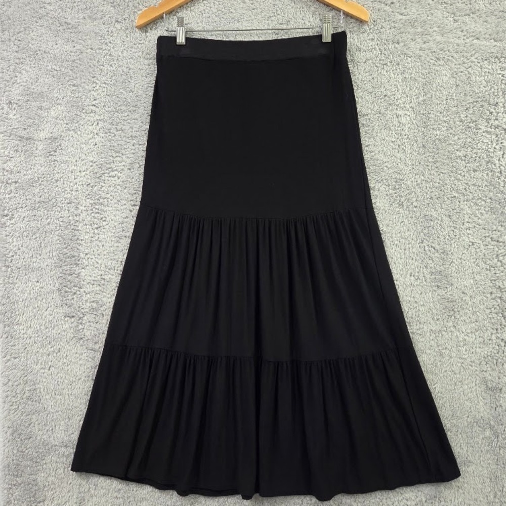 Vtg Double Take Women's Large Midi Skirt Black Tiered Ruffle Boho Made in USA